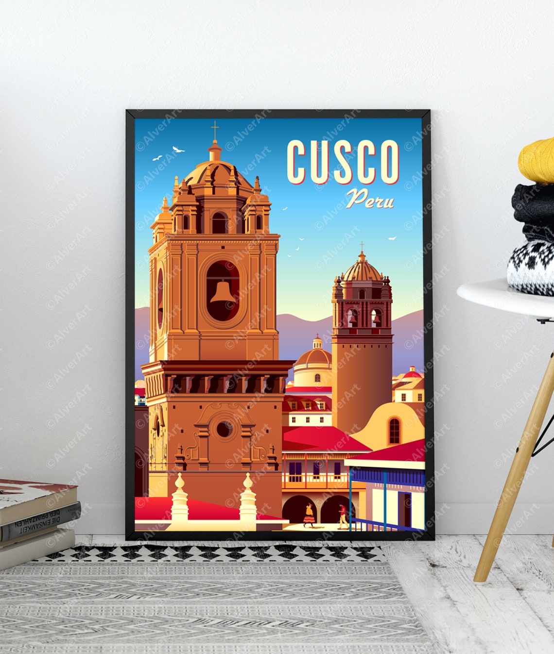 Cusco Peru Colonial Cathedral Bell Towers Retro Travel Poster - Image 3