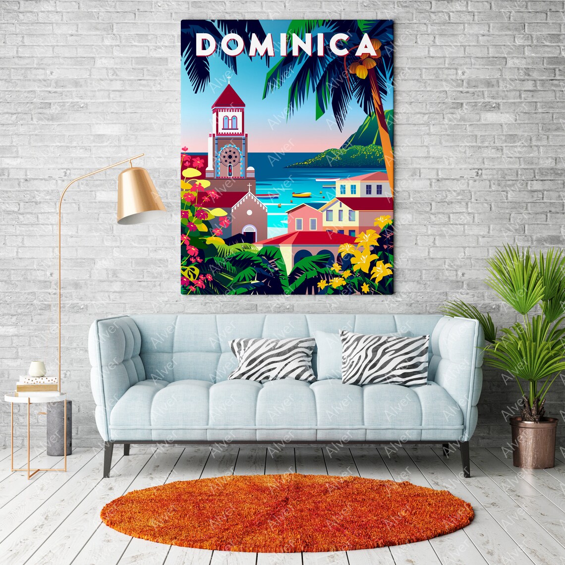 Dominica Caribbean Travel Poster With Coastal Church and Palm Trees - Image 2