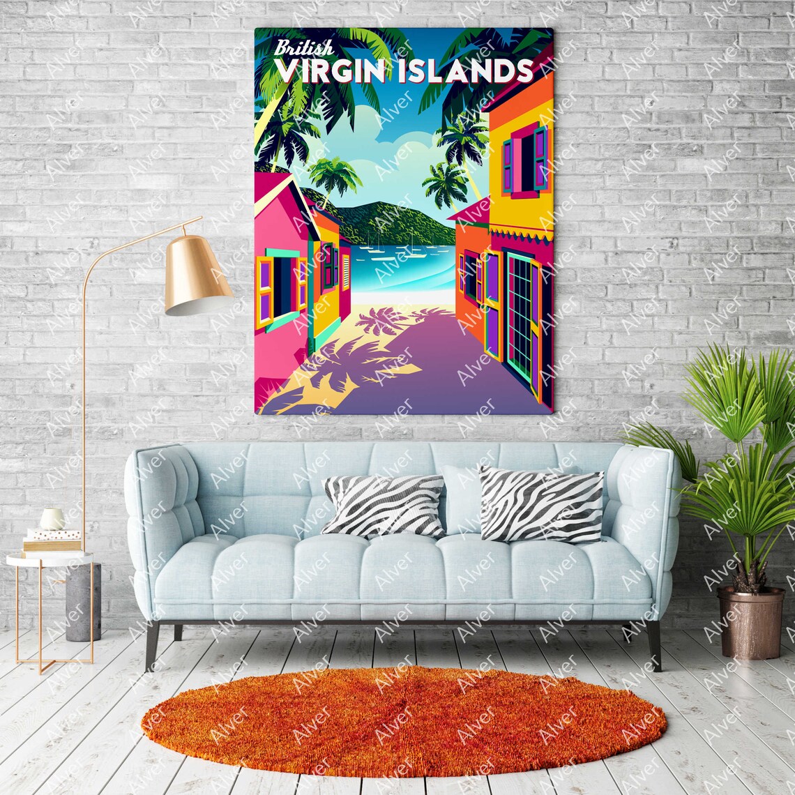 British Virgin Islands Travel Poster With Colorful Street to the Beach - Image 2