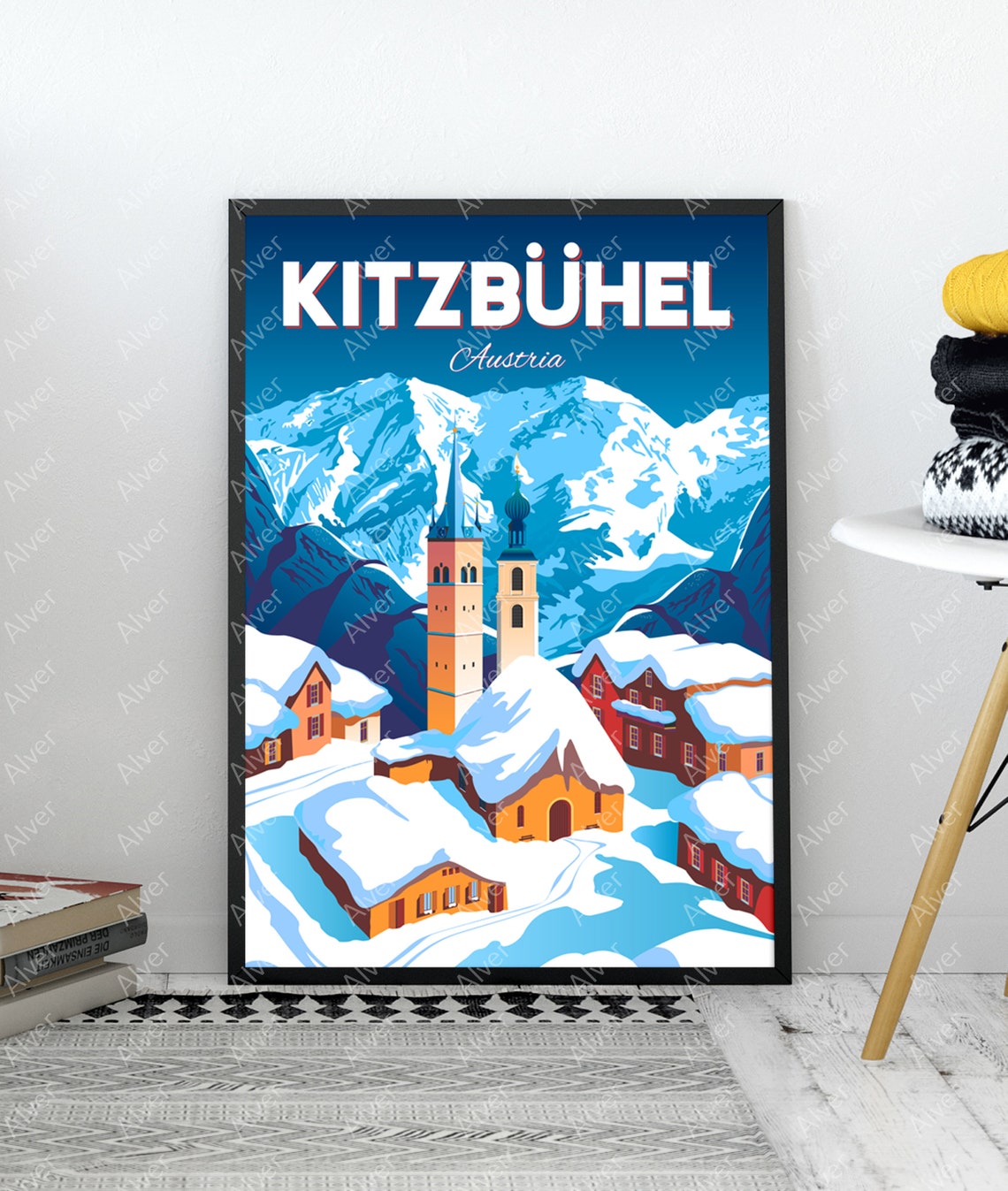 Kitzbuhel Austria Winter Ski Poster Snowy Alpine Village at Night - Image 3