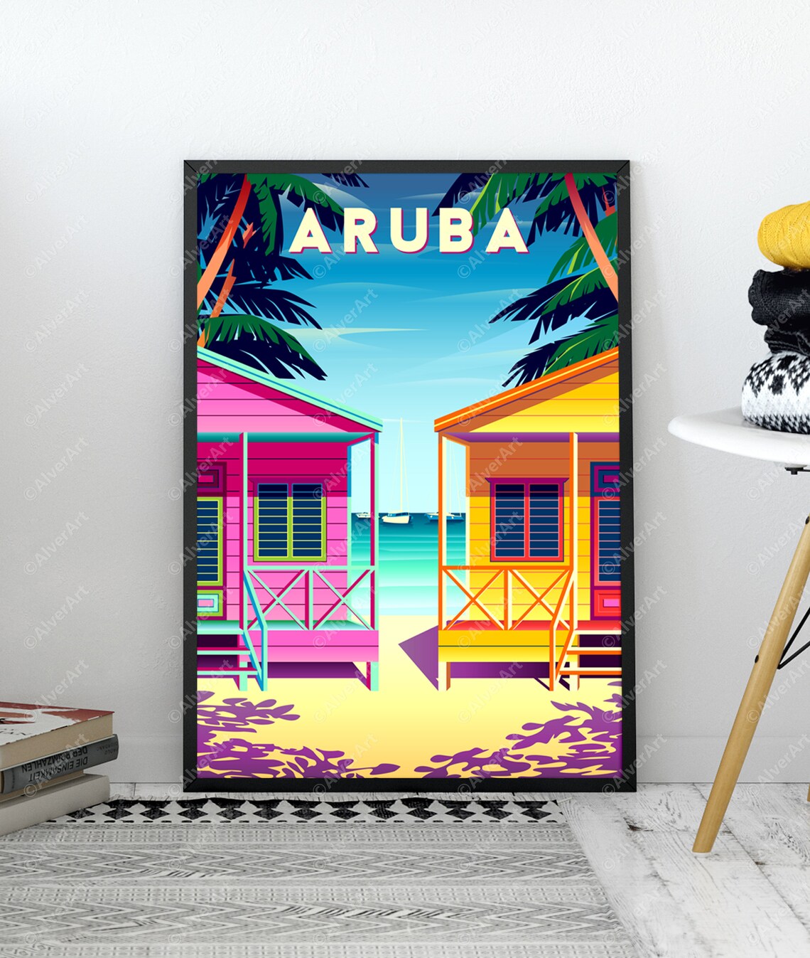 Aruba Caribbean Travel Poster With Colorful Beach Cabins and Sailboat - Image 3