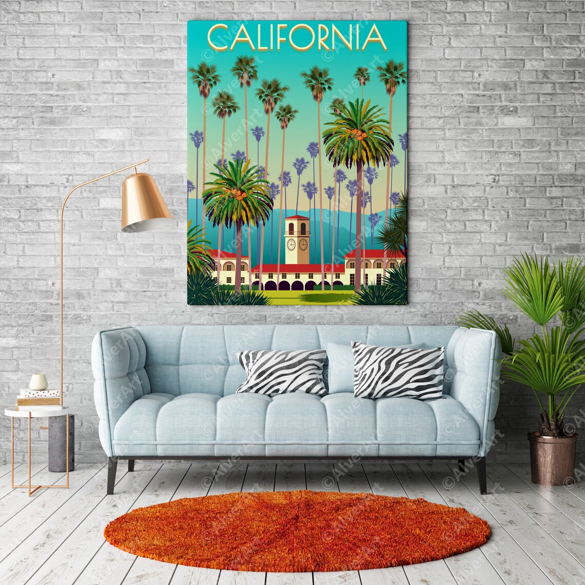 California Palm Trees Spanish Colonial Clock Tower Scene Poster - Image 2