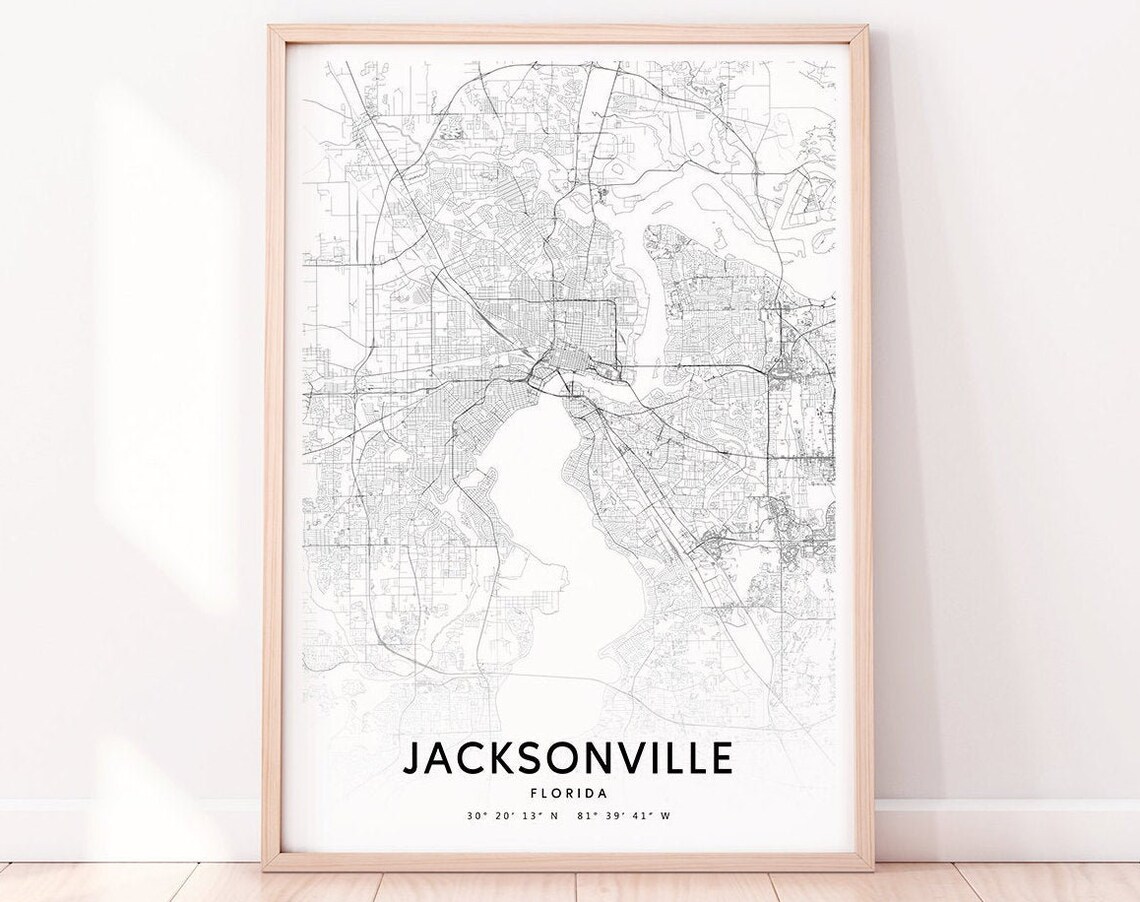 Jacksonville Florida Minimalist Black White Street Map Poster