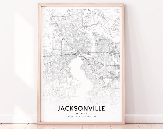 Jacksonville Map Print Florida Usa Art Poster City Street Road Modern Wall Office Decor