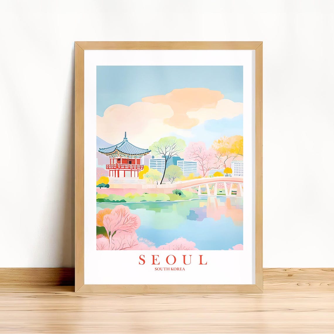 Seoul South Korea Traditional Temple Pavilion on a Lake Travel Poster
