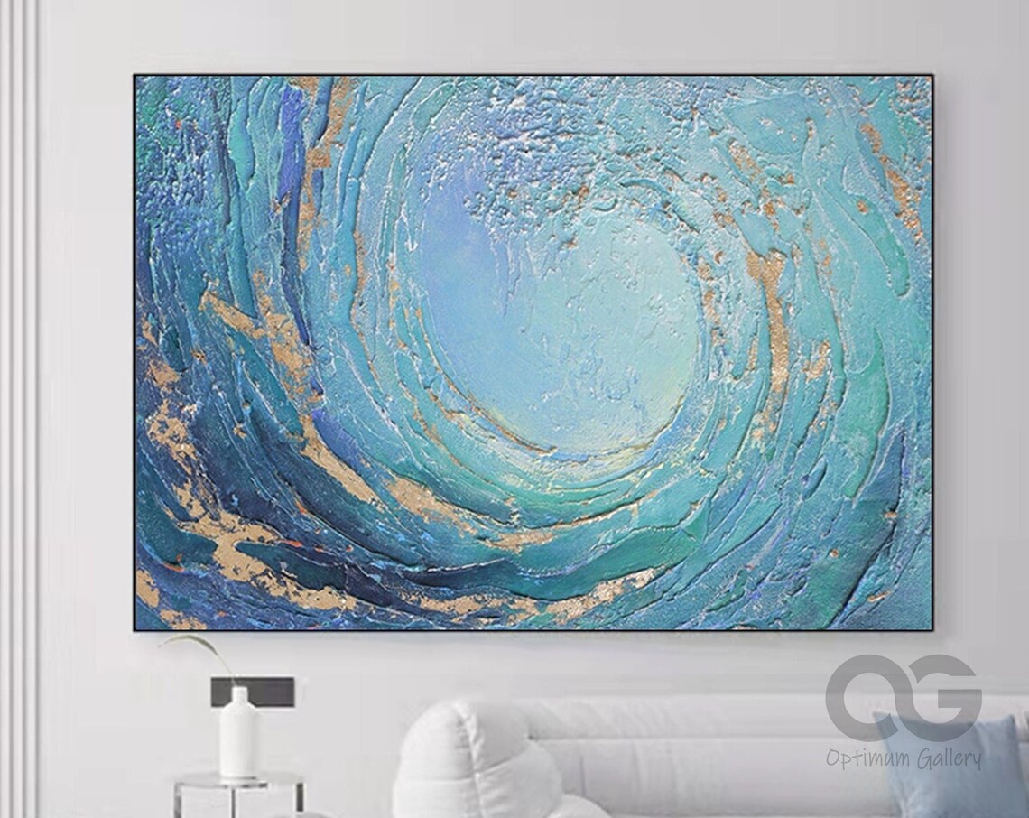 Blue Wave Abstract Ocean Art Print, Blue and Gold