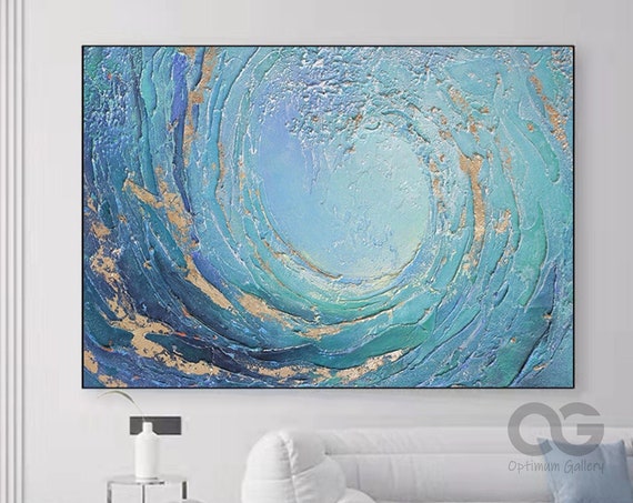 Blue Wave Abstract Ocean Art Print, Blue and Gold