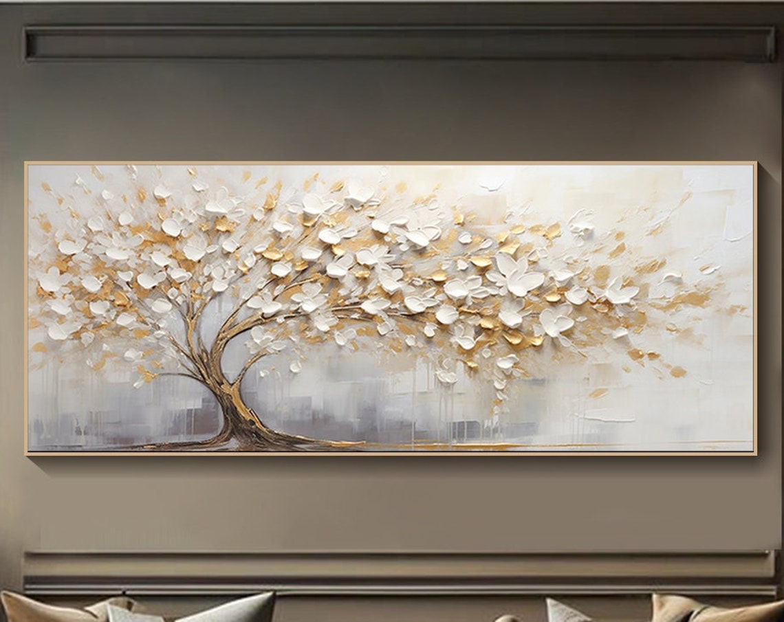 Golden White Blooming Tree 3D Impasto Floral Abstract Wall Art