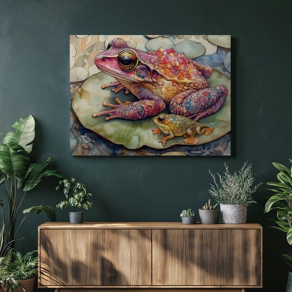 Frogs Canvas Wall Art Transformation Watercolor Amphibian Decor Nature Print Sitting Lily Pond Nursery Relaxing Colors Patterns Office