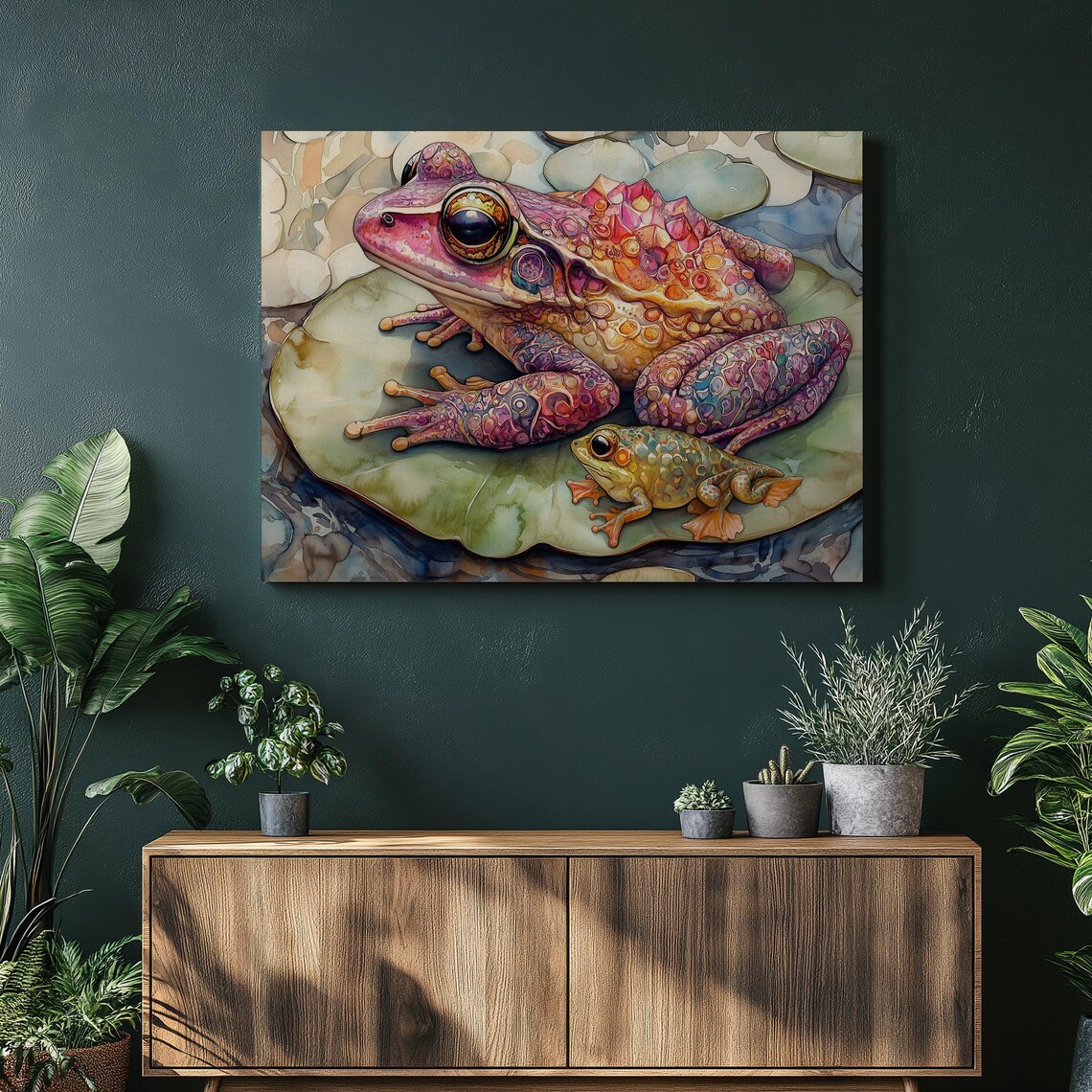 Colorful Frogs On Lily Pad Watercolor Amphibian Wildlife Wall Art