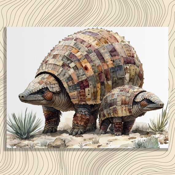 Armadillo Mother and Baby Watercolor Desert Wildlife Animal Poster