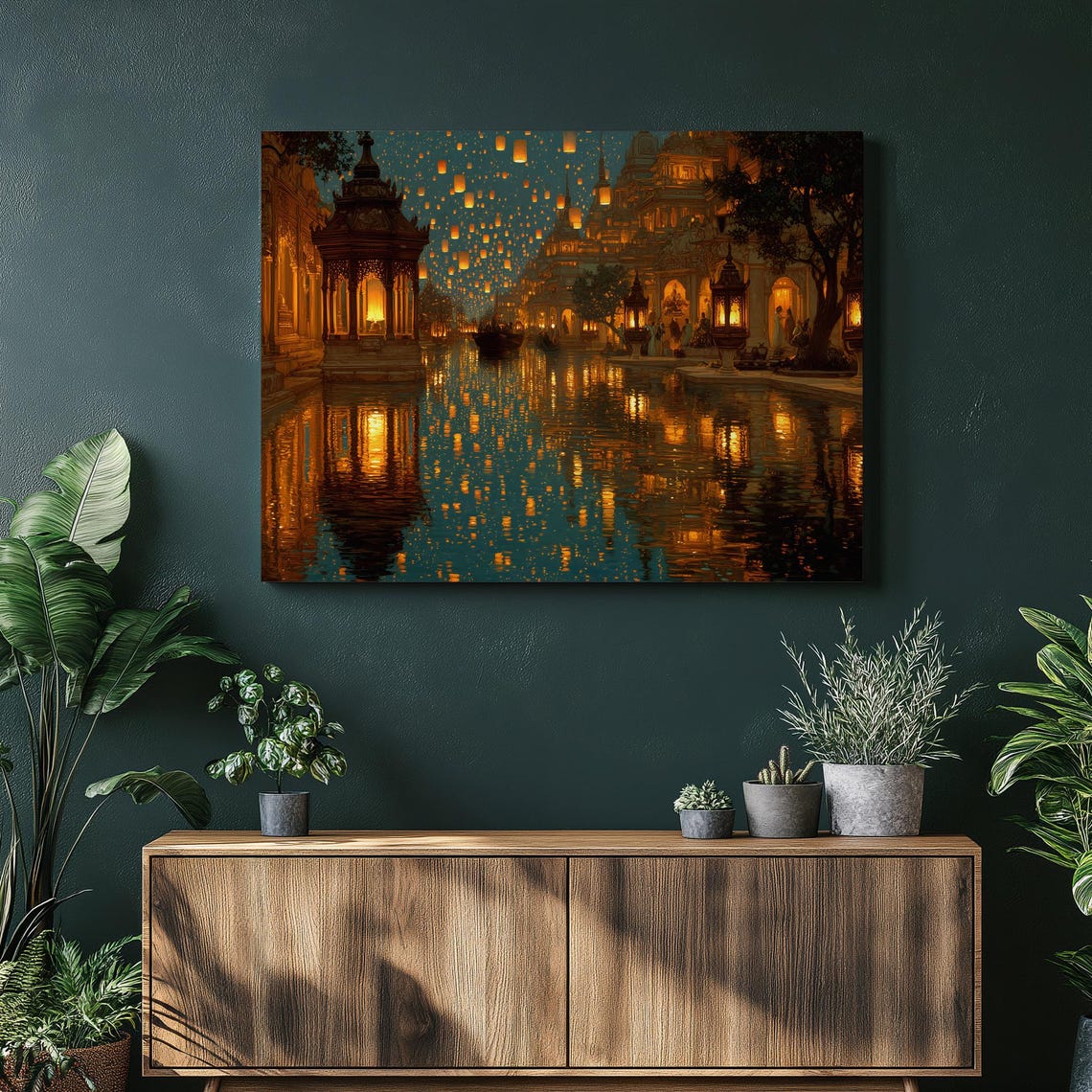 Floating Lantern Festival Night Canal Temple Lights Golden Art Poster