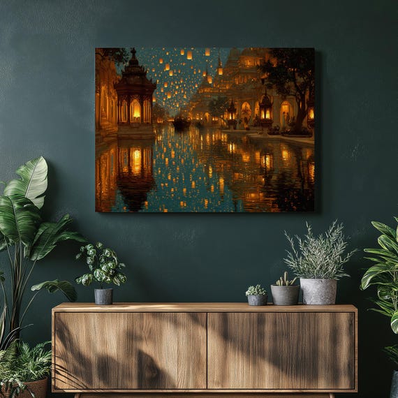 Floating Lantern Festival Canvas Wall Art Night Sky Reflections Over Water Temples Architecture Boat Scene Traditional Decor Print