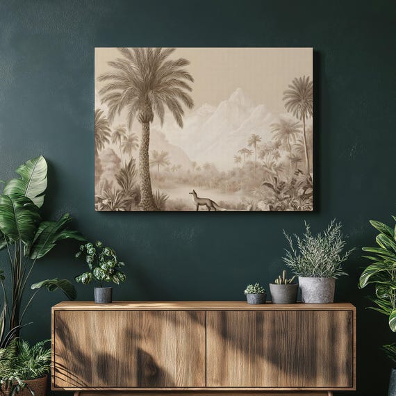 Majestic Tropical Fox Canvas Wall Art Vintage Landscape Print Palm Trees Desert Animal Illustration Poster Museum Quality
