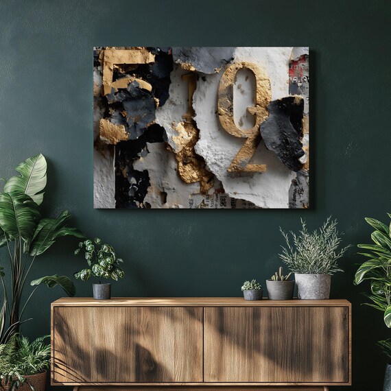 Gold Number Canvas Wall Art Abstract Mixed Media Collage Decor Textured Peel Layers Numeric Print Contemporary Leaf Numbers Gift