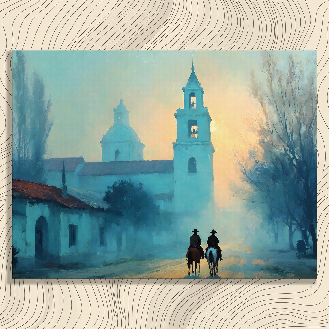 Western Cowboys Riding Toward the Mission at Sunrise Landscape Poster