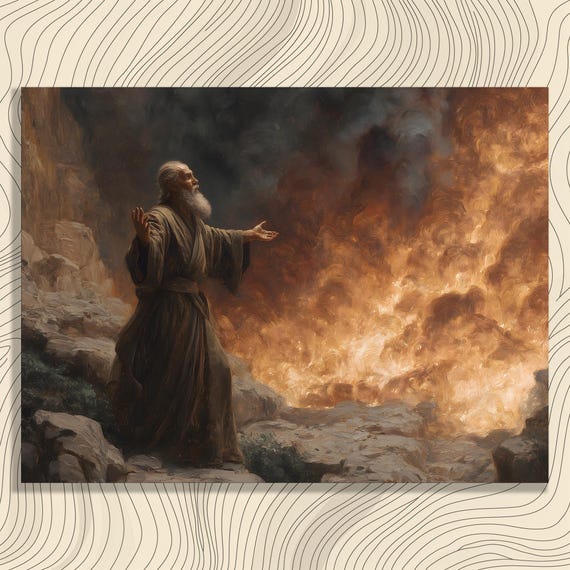 Moses Burning Bush Canvas Wall Art Biblical Scene Religious Decor Old Testament Painting Prophet Desert Landscape Holy Fire
