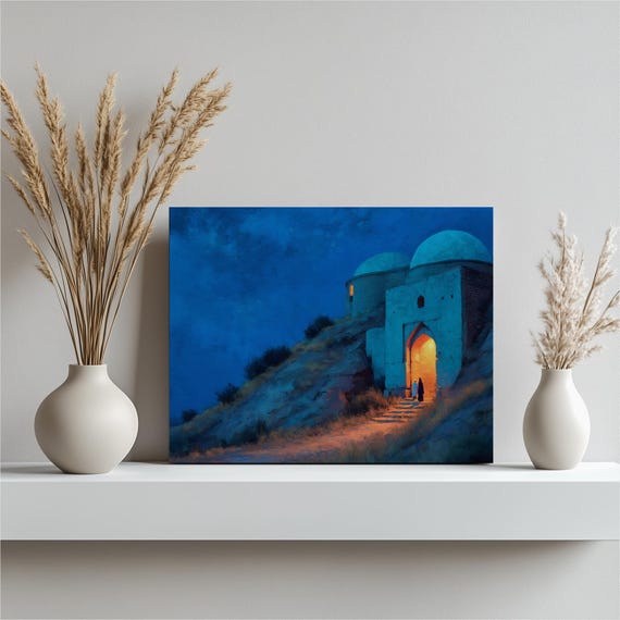 Dark Desert Architecture Canvas Wall Art Night Sky Ruins Painting Domed Archway Blue Print Islamic Decor Gift