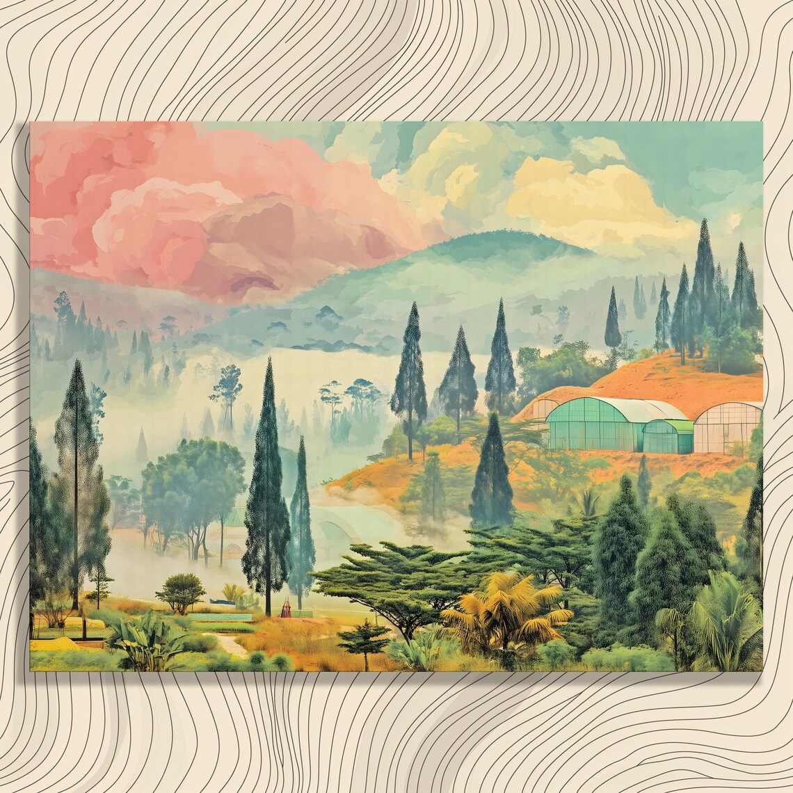 Greenhouse Garden Colorful Landscape Cypress Trees Dreamy Poster