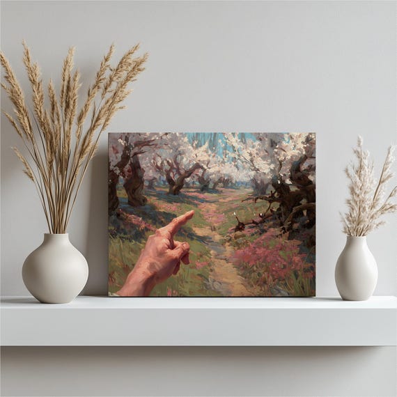 Cherry Blossom Pathway Canvas Wall Art Impressionist Spring Landscape Orchard Path Scenic Nature Trail Wildflowers Colorful Print