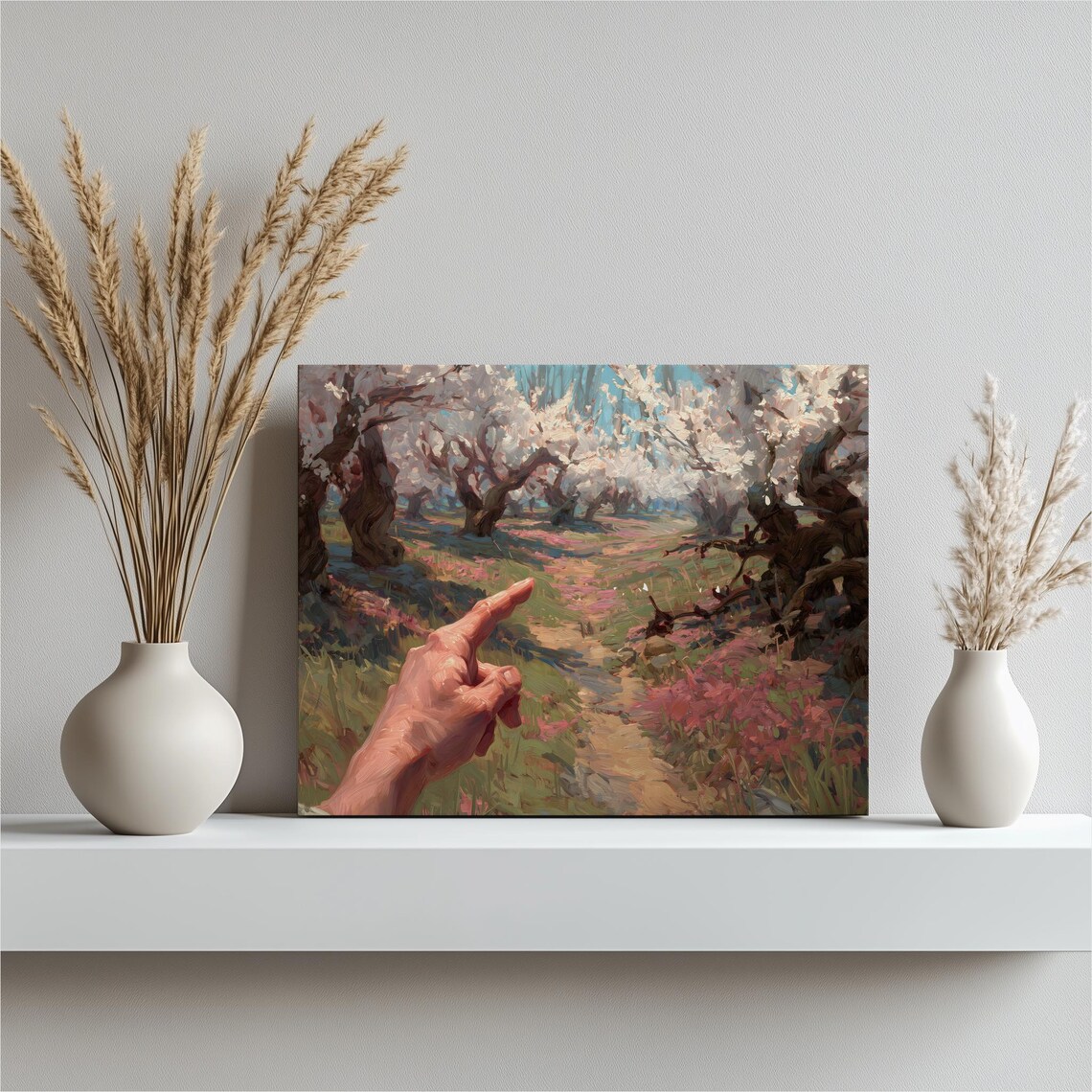 Hand Pointing Blooming Orchard Surreal Nature Painting Poster