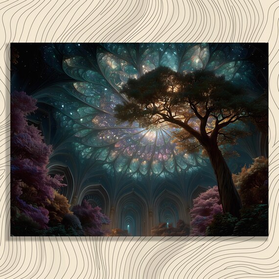 Cosmic Tree Canvas Wall Art Surreal Landscape With Starry Night And Dreamy Foliage Abstract Decor Print