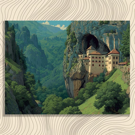 Medieval Cliffside Castle Canvas Wall Art Lush Forest River Landscape Print Colorful Nature Painting Scenic Decor Gift