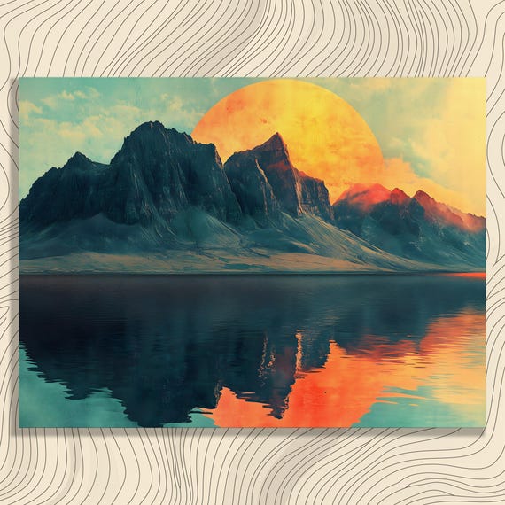 Surreal Mountain Sunset Canvas Wall Art Modern Reflective Landscape Print For Home Decorators And Nature Lovers