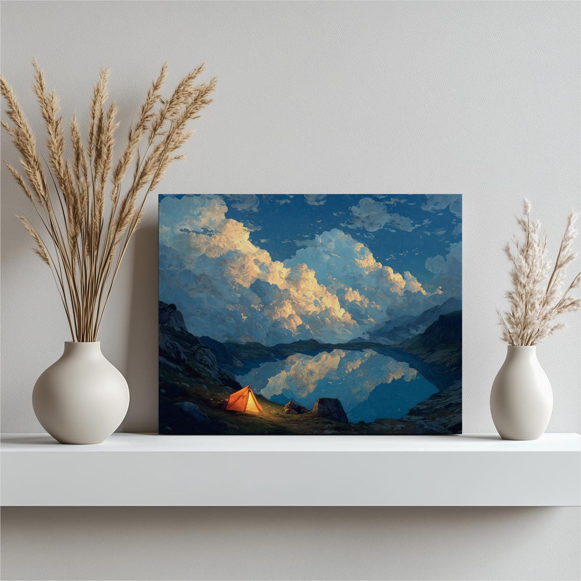 Glowing Tent Under Night Sky Mountain Lake Reflection Art Poster