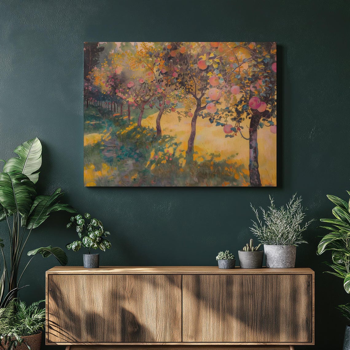 Golden Orchard Landscape Sunlit Fruit Trees Impressionist Poster