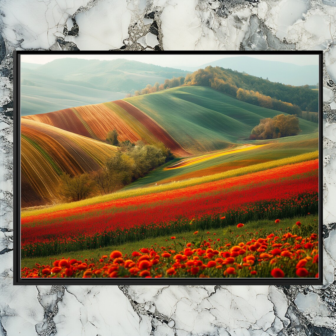 Hungary Striped Rainbow Hills Red Poppies Farmland Landscape Poster