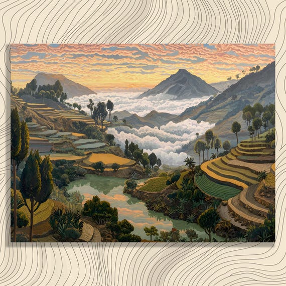 Terraced Mountain Landscape Canvas Wall Art Sunrise Valley Scenic Decor Print Nature View Green Hillside