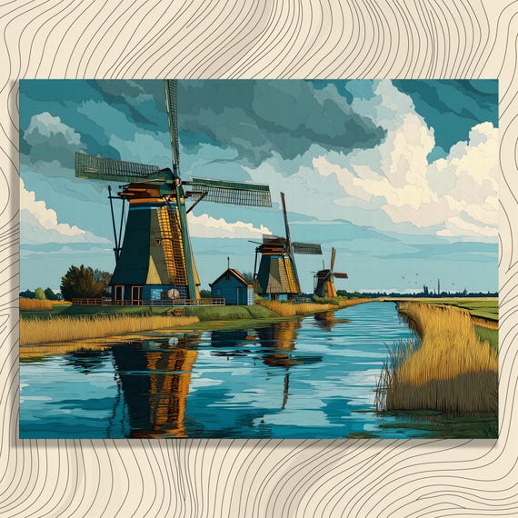 Serene Windmill Landscape Canvas Wall Art Vintage Waterway Reflection Painting Print Decor Gift Traditional Countryside Clouds Sky