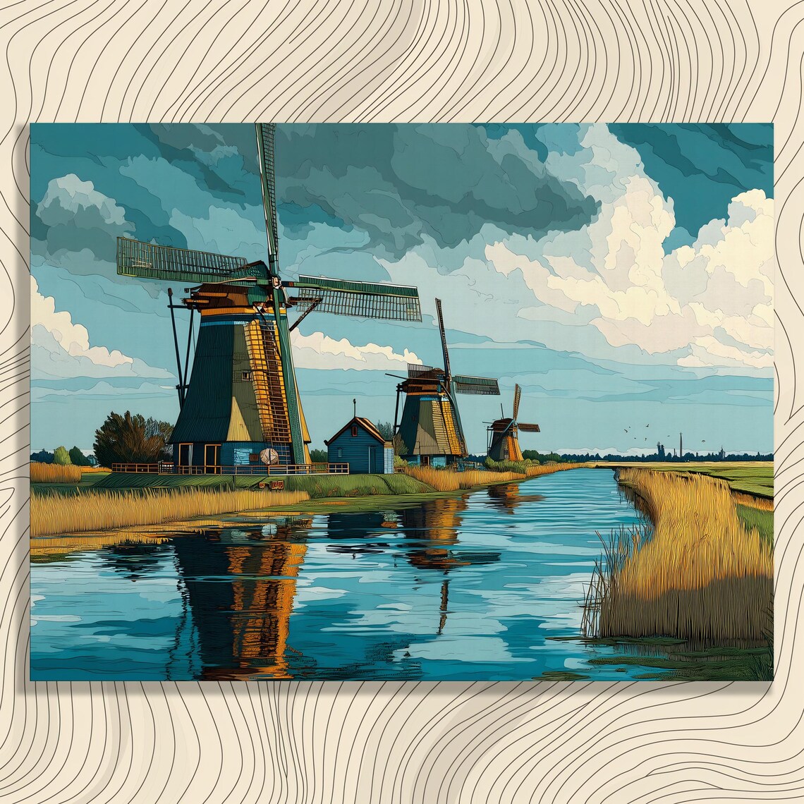 Dutch Windmills Canal Sunset Golden Reflections Travel Poster
