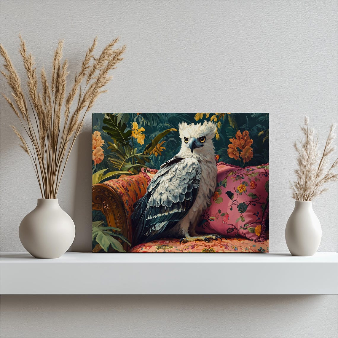 Harpy Eagle Perched on a Floral Sofa Jungle Wildlife Art Poster