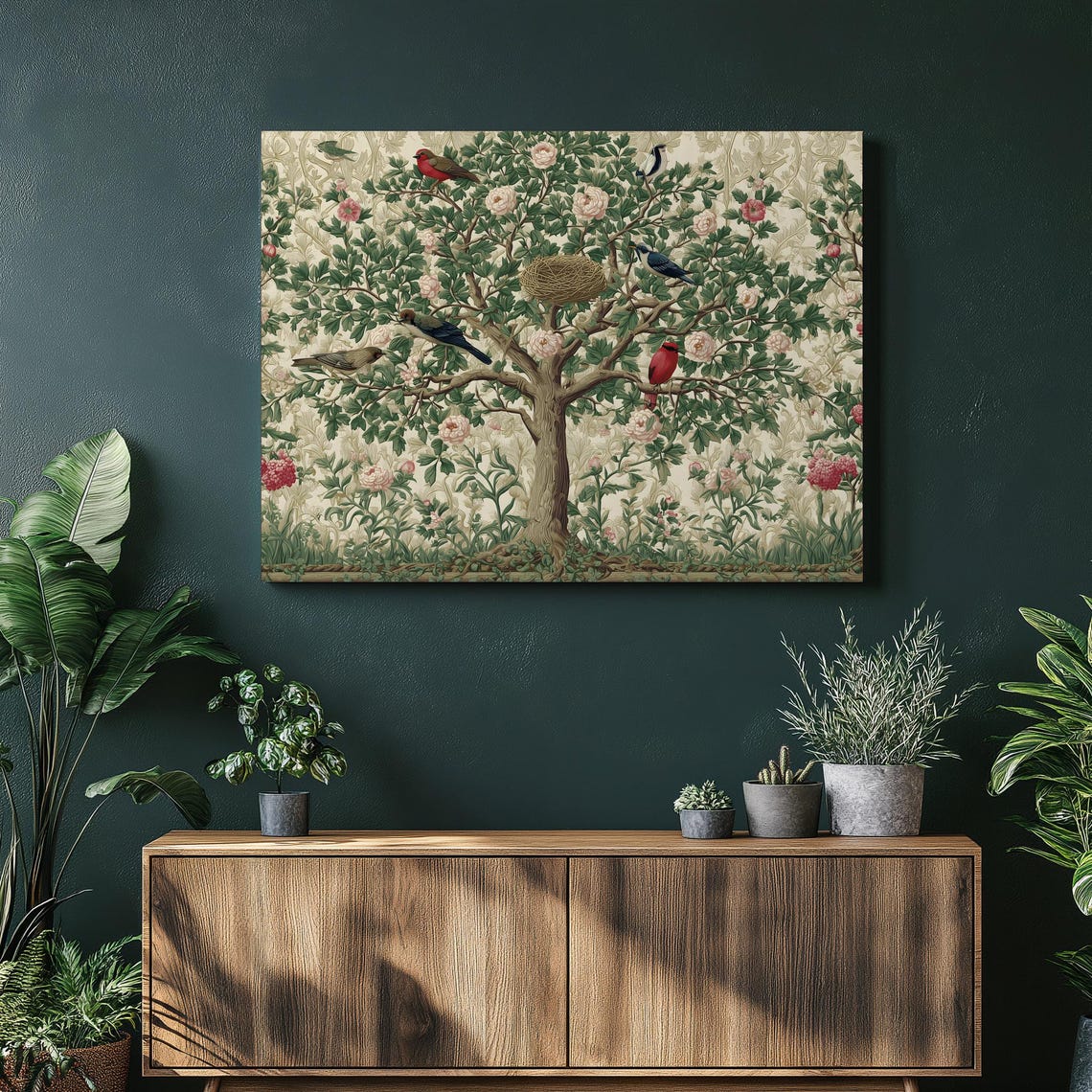 Vintage Songbirds Nesting in Rose Tree Botanical Style Wall Art