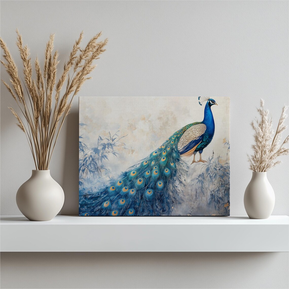 Watercolor Blue Green Peacock Bamboo Foliage Painting Poster