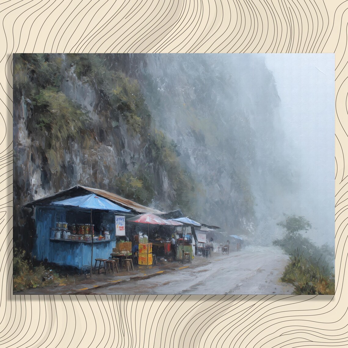 Misty Mountain Roadside Market Stalls Foggy Cliff Painting Poster