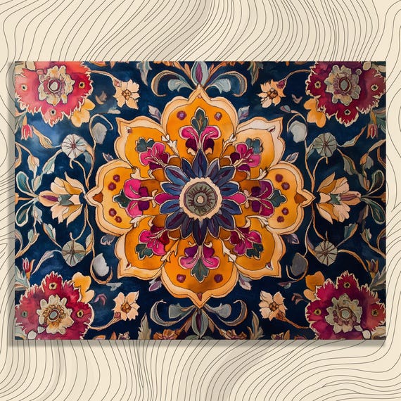 Canvas Wall Art Vintage Floral Colorful Bohemian Eclectic Mandala Painting Print Decor Gift For Enthusiasts Detailed Intricate Pattern