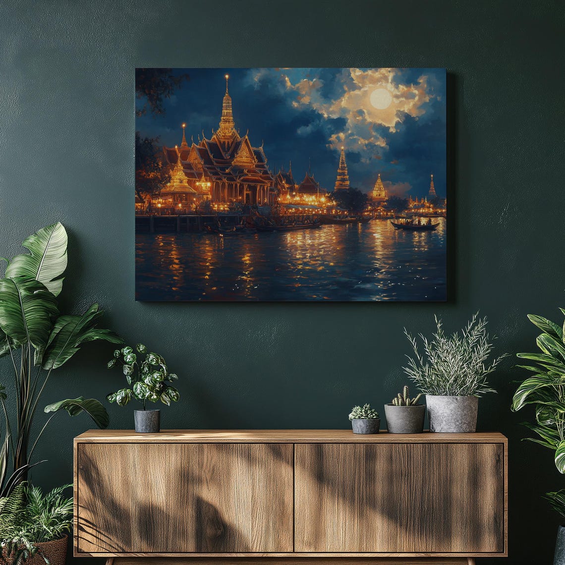 Bangkok Grand Palace Riverside Night Moonlit Temple Lights Poster