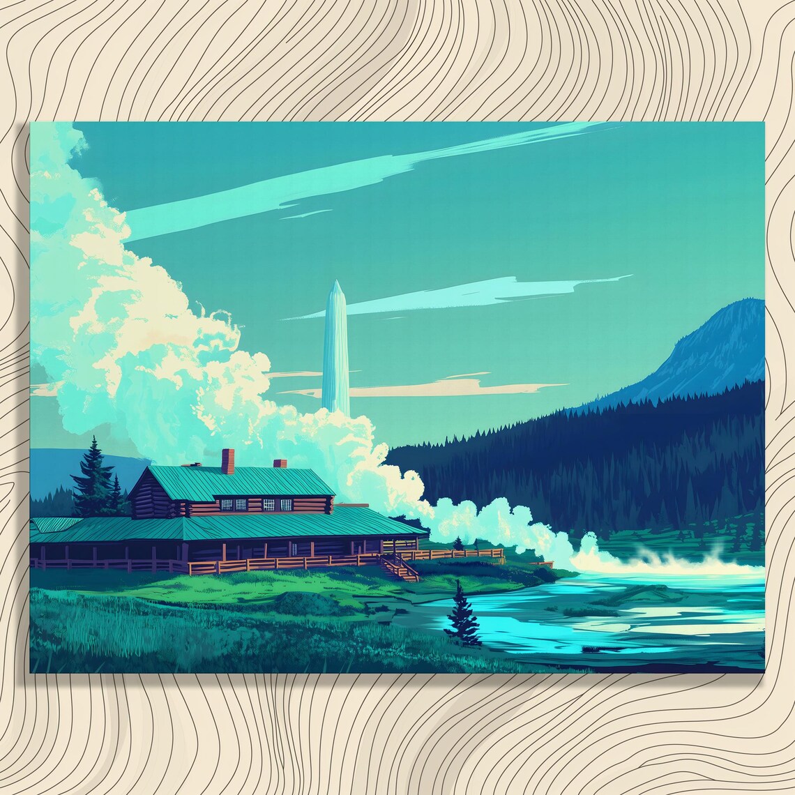 Log Cabin Lake Lodge Steaming Geyser Teal Retro Travel Scene Poster