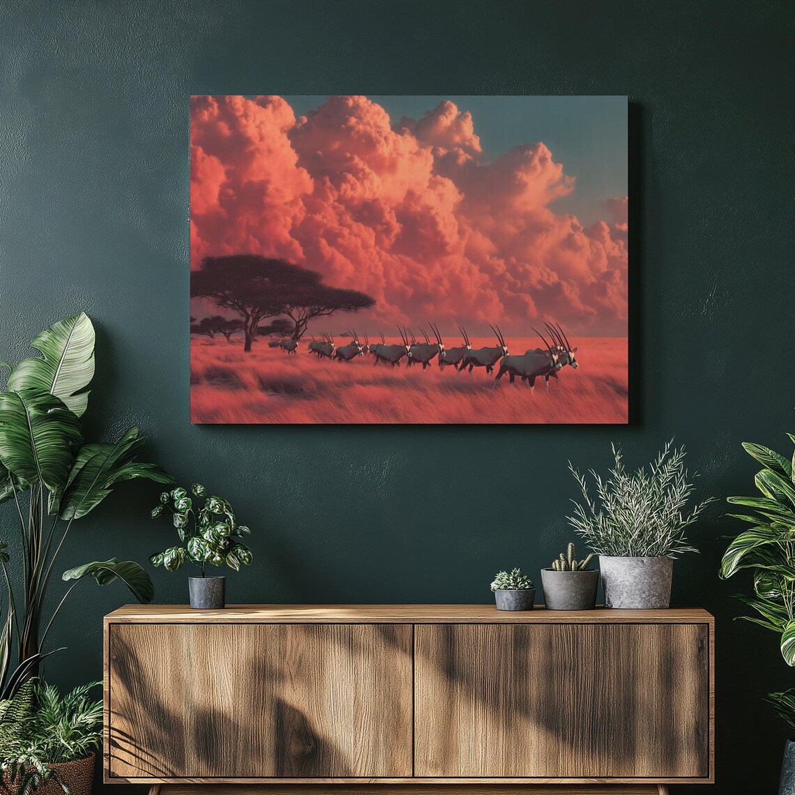 Oryx Herd Running Across Savanna Under Red Sunset Art Poster