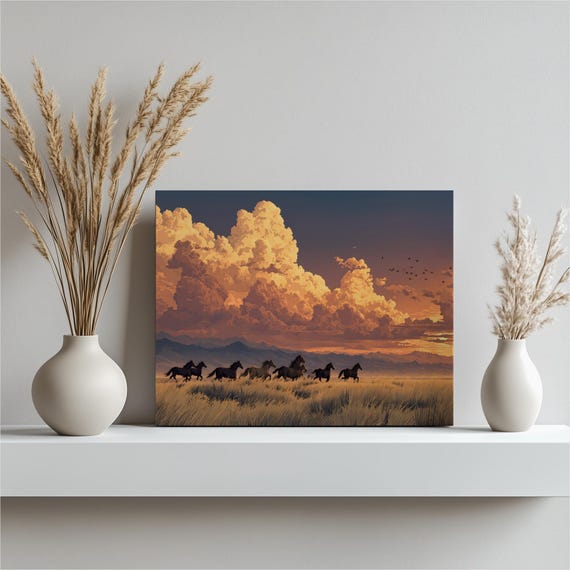 Wild Horses Sunset Canvas Wall Art Galloping Mustangs Western Decor Mountain Landscape Print Rustic Prairie Scene Colorful Nature
