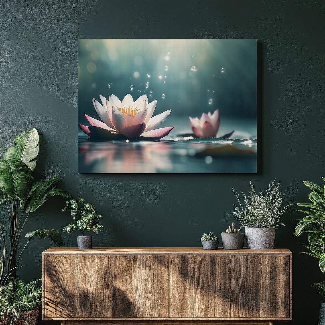 Serene Bloom Canvas Wall Art Calming Pond Reflection With Sunlit Droplets Modern Botanical Nature Decor Minimalist Zen Print