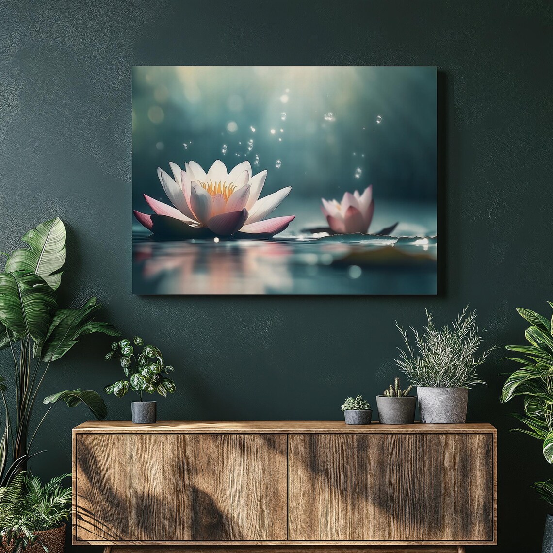 Water Lily Bloom Pond Reflection Sunlit Droplets Serene Wall Art