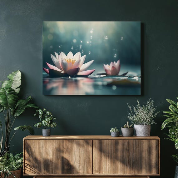Serene Bloom Canvas Wall Art Calming Pond Reflection With Sunlit Droplets Modern Botanical Nature Decor Minimalist Zen Print