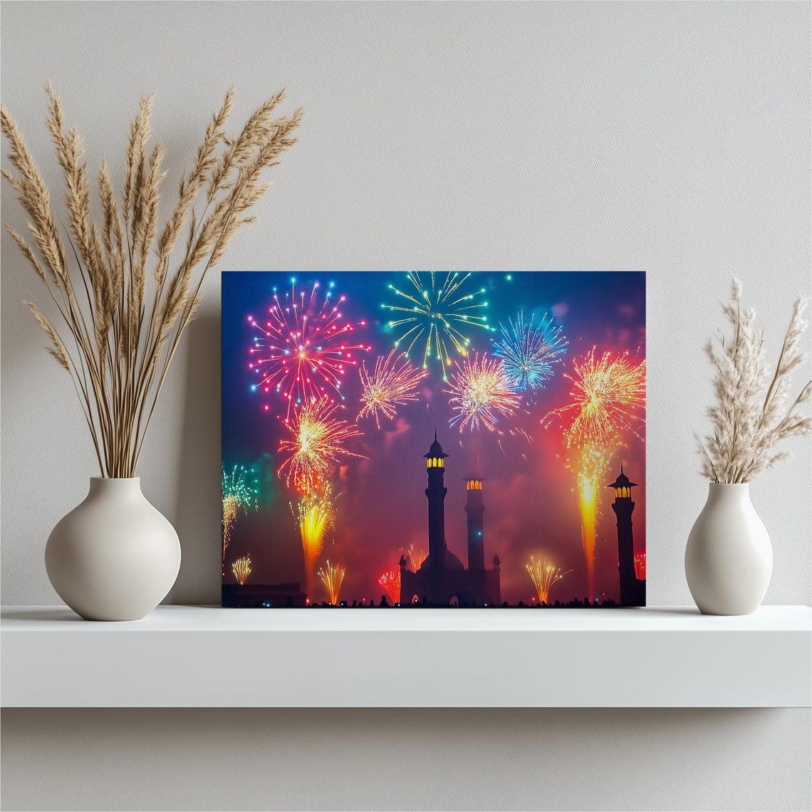 Fireworks Over Mosque Minarets Night Skyline Celebration Wall Art