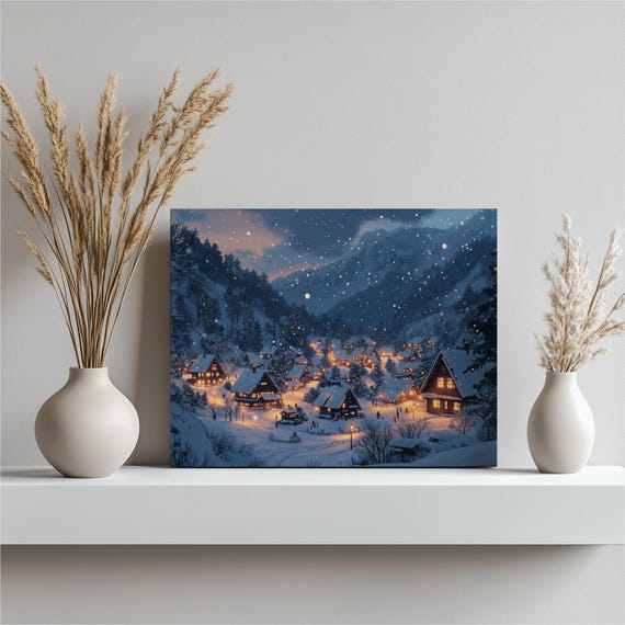 Snowy Village Canvas Wall Art Serene Landscape Painting Charming Ghibli Style Decor Peaceful Evening Scene Winter Wonderland