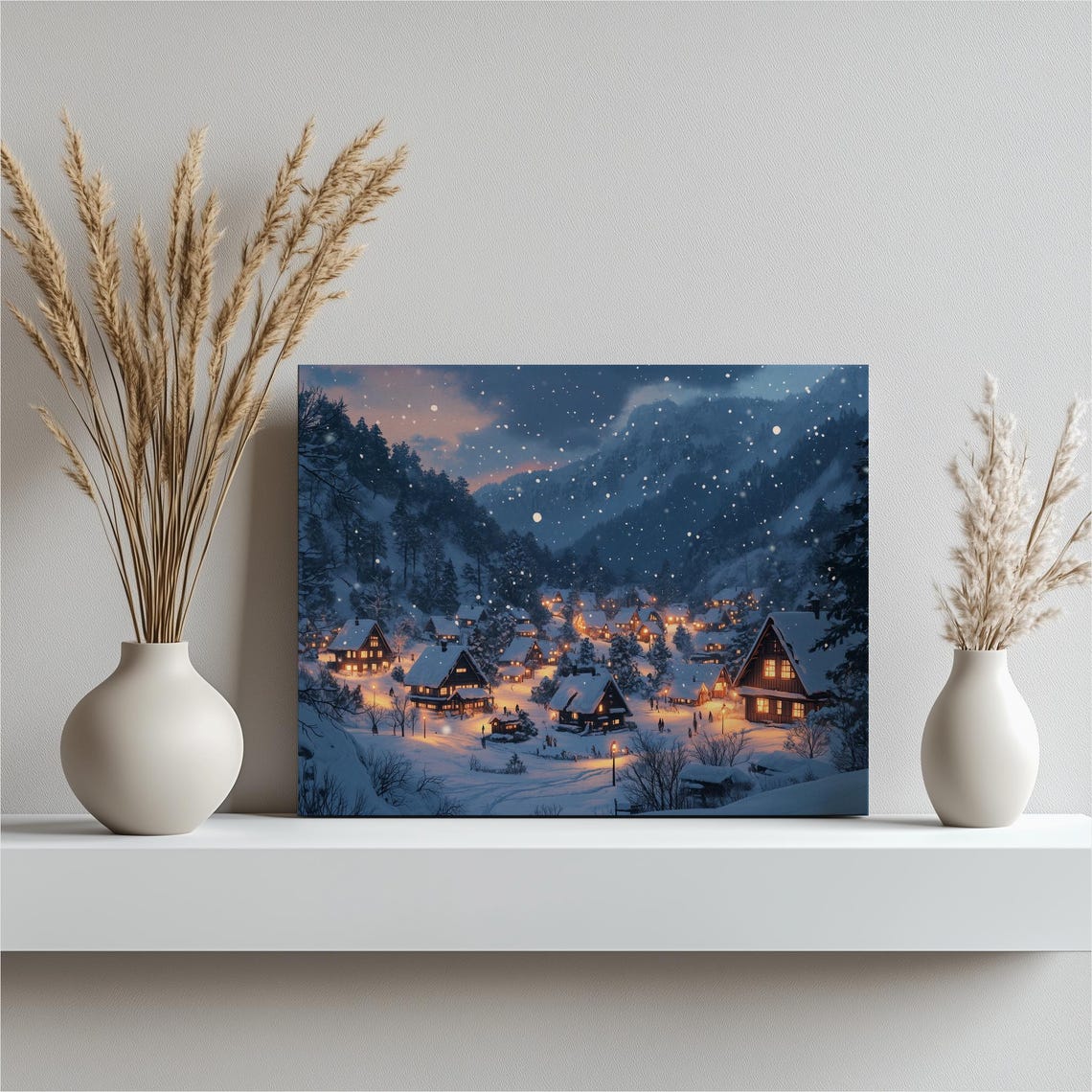 Snowy Mountain Village Night Falling Snow Cozy Cabin Winter Poster