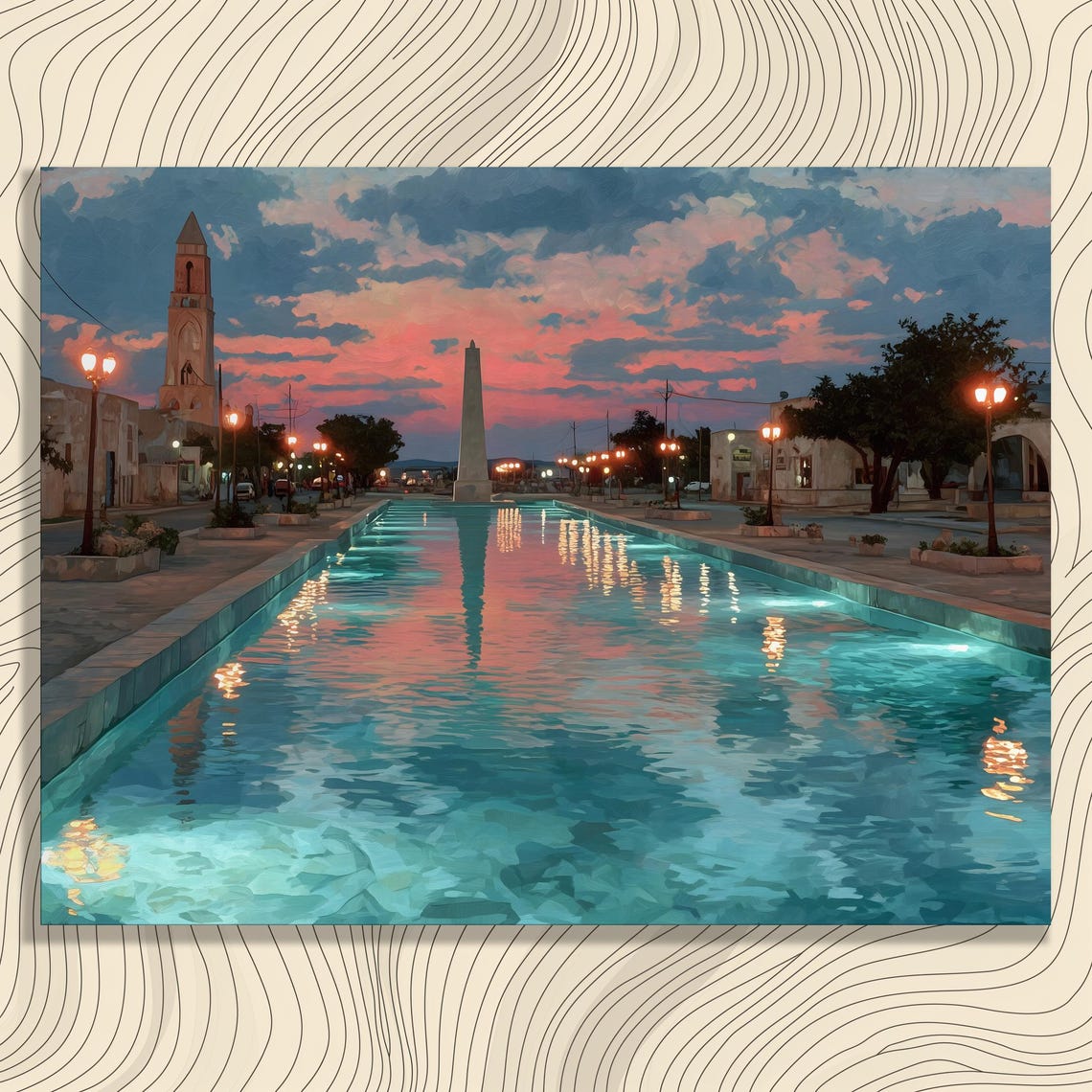 Twilight Plaza with Reflecting Pool Clock Tower Sunset Poster